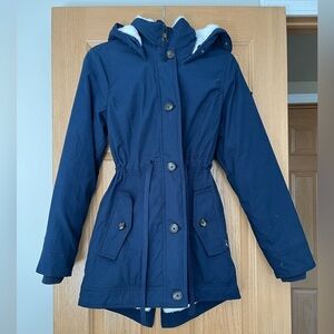 Hollister Women's Small All Weather Hooded Jacket Parka Navy Sherpa Lined Coat